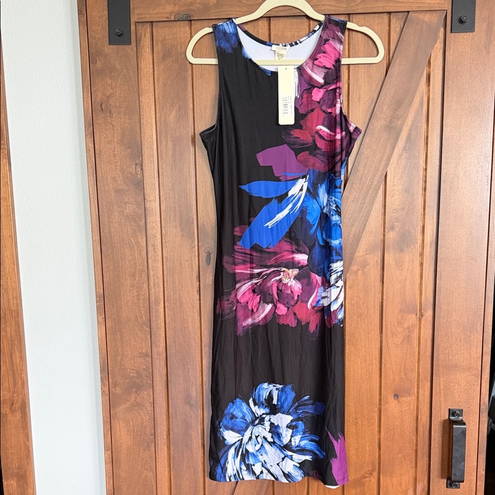 Yelete Black Sleeveless Dress with Blue & Magenta Floral Print